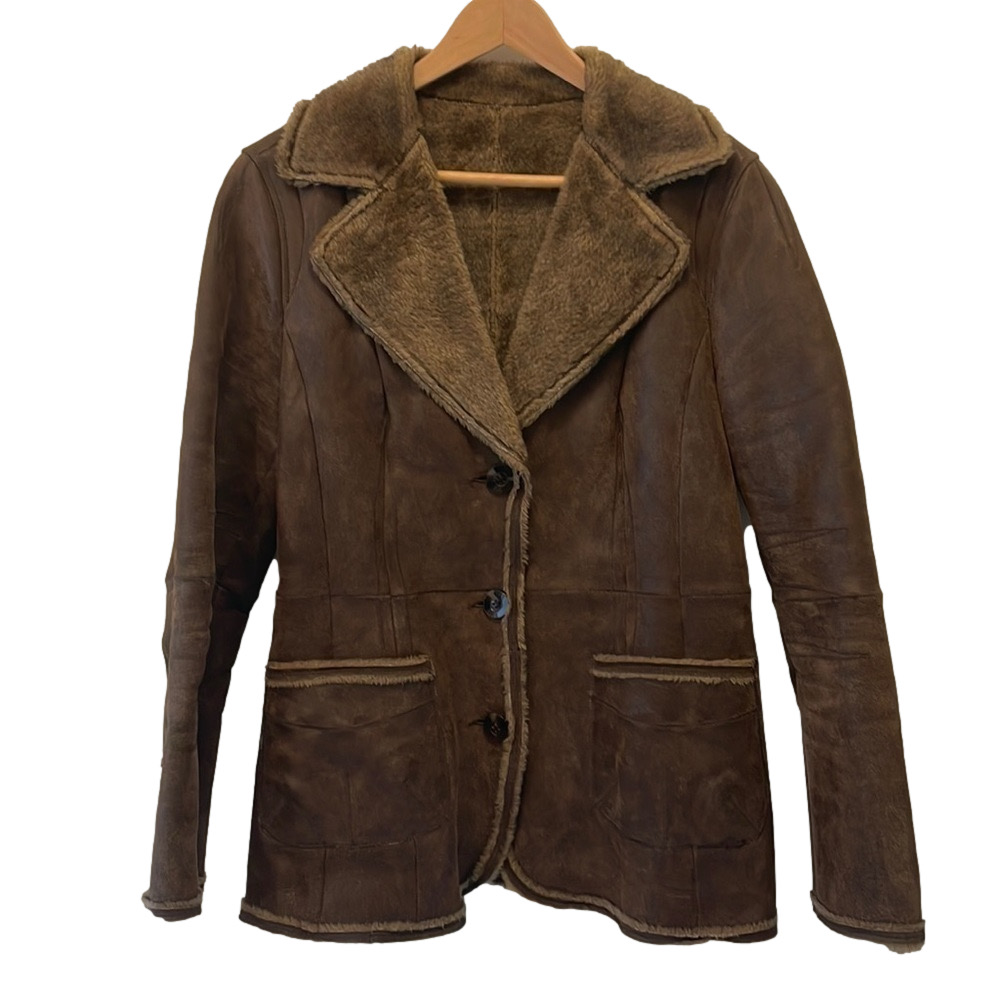 SzM Danier Brown Antiqued Leather Blazer 3 Button Barn jacket faux fur line EUC